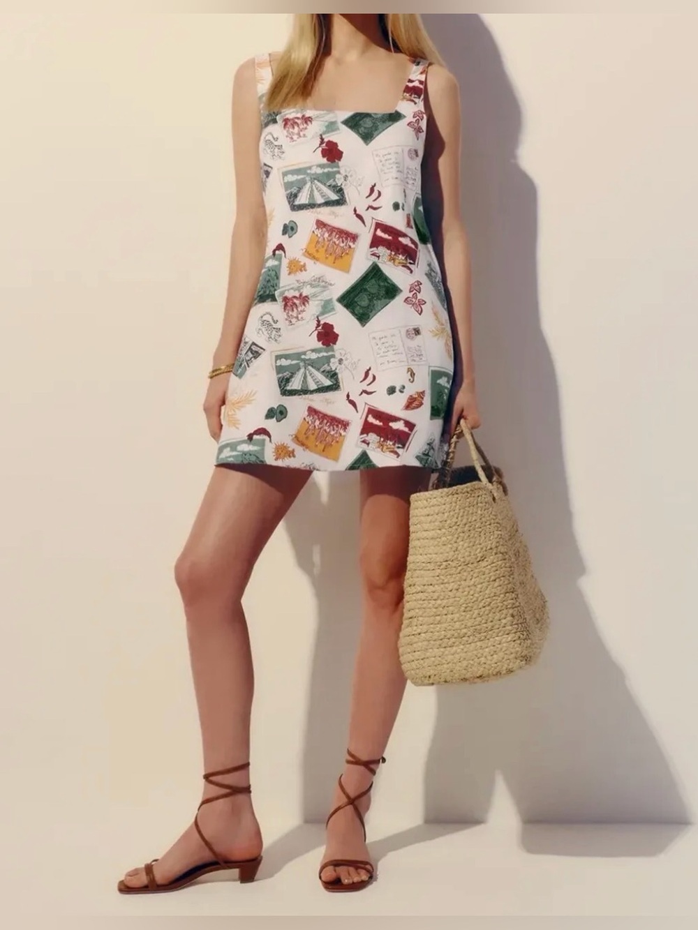 Reformation White Mini Dress with Green, Red & Yellow Print 100% linen
